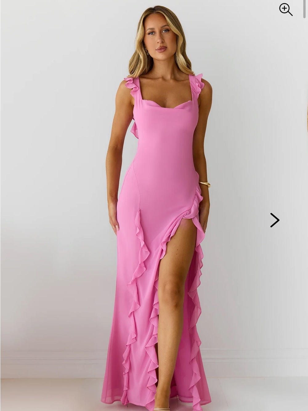 Hello Molly Pink Ruffle Side-Slit Maxi Dress